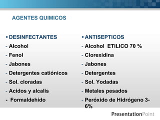 AGENTES QUIMICOS 
DESINFECTANTES 
- Alcohol 
- Fenol 
- Jabones 
- Detergentes catiónicos 
- Sol. cloradas 
- Acidos y alcalis 
- Formaldehído 
ANTISEPTICOS 
- Alcohol ETILICO 70 % 
- Clorexidina 
- Jabones 
- Detergentes 
- Sol. Yodadas 
- Metales pesados 
- Peróxido de Hidrógeno 3- 
6% 
 