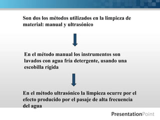 Son dos los métodos utilizados en la limpieza de 
material: manual y ultrasónico 
En el método manual los instrumentos son 
lavados con agua fría detergente, usando una 
escobilla rígida 
En el método ultrasónico la limpieza ocurre por el 
efecto producido por el pasaje de alta frecuencia 
del agua 
 