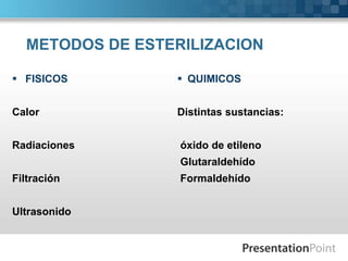 METODOS DE ESTERILIZACION 
 FISICOS 
Calor 
Radiaciones 
Filtración 
Ultrasonido 
 QUIMICOS 
Distintas sustancias: 
óxido de etileno 
Glutaraldehído 
Formaldehído 
 