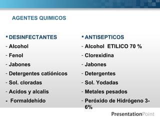 AGENTES QUIMICOS
 DESINFECTANTES
- Alcohol
- Fenol
- Jabones
- Detergentes catiónicos
- Sol. cloradas
- Acidos y alcalis
- Formaldehído
 ANTISEPTICOS
- Alcohol ETILICO 70 %
- Clorexidina
- Jabones
- Detergentes
- Sol. Yodadas
- Metales pesados
- Peróxido de Hidrógeno 3-
6%
 