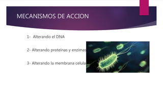 MECANISMOS DE ACCION
1- Alterando el DNA
2- Alterando proteínas y enzimas
3- Alterando la membrana celular
 