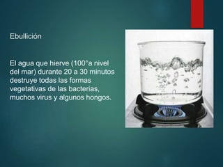 Ebullición
El agua que hierve (100°a nivel
del mar) durante 20 a 30 minutos
destruye todas las formas
vegetativas de las bacterias,
muchos virus y algunos hongos.
 