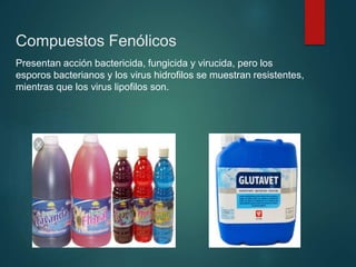 Compuestos Fenólicos
Presentan acción bactericida, fungicida y virucida, pero los
esporos bacterianos y los virus hidrofilos se muestran resistentes,
mientras que los virus lipofilos son.
 