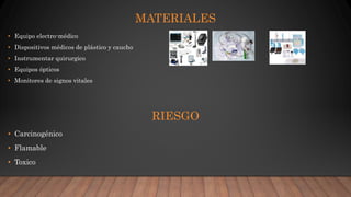 MATERIALES
• Equipo electro-médico
• Dispositivos médicos de plástico y caucho
• Instrumentar quirurgico
• Equipos ópticos
• Monitores de signos vitales
RIESGO
• Carcinogénico
• Flamable
• Toxico
 