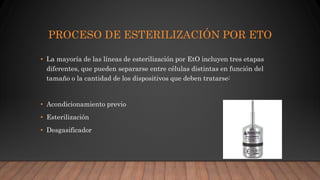 PROCESO DE ESTERILIZACIÓN POR ETO
• La mayoría de las líneas de esterilización por EtO incluyen tres etapas
diferentes, que pueden separarse entre células distintas en función del
tamaño o la cantidad de los dispositivos que deben tratarse:
• Acondicionamiento previo
• Esterilización
• Desgasificador
 