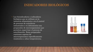 INDICADORES BIOLÓGICOS
• Los bioindicadores o indicadores
biológicos que se utilizan en la
industria alimentaria o en el control
de procesos de autoclaves
industriales o en laboratorios son
preparados de microorganismos que
permiten supervisar el proceso de
esterilización. Estos preparados
contienen esporas de
microorganismos específicamente
resistentes a altas temperaturas.
 