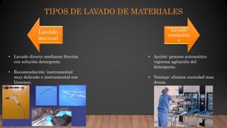 TIPOS DE LAVADO DE MATERIALES
Lavado
manual
Lavado
automátic
o
• Lavado directo mediante fricción
con solución detergente.
• Recomendación: instrumental
muy delicado e instrumental con
lúmenes.
• Acción: proceso automático
vigorosa agitación del
detergente.
• Ventaja: elimina suciedad mas
densa.
 