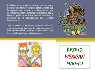 En México el porcentaje de salpingoclasias es mayor
que el de vasectomías realizadas por año, siendo que
la segunda, no requiere hospitalización, es una
operación sencilla que se realiza con anestesia local y
tiene un grado de recuperación casi inmediato, a
diferencia de la salpingoclasia que requiere
hospitalización.
Se dice que esto es causa del "machismo" mexicano
o el pensamiento que tiene la cultura mexicana al
decir que el hombre "ya no es hombre" debido a la
intervención quirúrgica en los testículos.
 