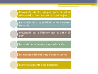Prevención de los riesgos para la salud
relacionados con el embarazo en las mujeres
Reducción de la mortalidad de los menores
de un año
Prevención de la infección por el VIH y el
SIDA
Poder de decisión y una mejor educación
Disminución del embarazo de adolescentes
Menor crecimiento de la población
 