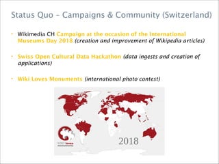 • Wikimedia CH Campaign at the occasion of the International
Museums Day 2018 (creation and improvement of Wikipedia articles)
• Swiss Open Cultural Data Hackathon (data ingests and creation of
applications)
• Wiki Loves Monuments (international photo contest)
Status Quo – Campaigns & Community (Switzerland)
 