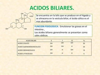 ACIDOS BILIARES.
               OH
                    CH3
                          HOOC       Se encuentra en la bilis que se produce en el hígado y
         CH3
               12                    se almacena en la vesícula biliar, el ácido cólico es el
                                     mas abundante.
     3          7                FUNCION FISIOLOGICA: Emulsionar las grasas en el
OH                  OH
                                 intestino ,
                                 Los ácidos biliares generalmente se presentan como
                                 sales sódicas.
                      ACIDO BILIAR                  3          7        12           %
           ACIDO COLICO                            OH         OH        OH           50

           ACIDO QUENODESOXICOLICO                 OH         OH         H           30

           ACIDO DESOXICOLICO                      OH          H        OH           15

           ACIDO LITOCOLICO                        OH          H         H           5
 