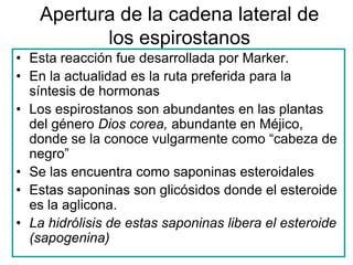Apertura de la cadena lateral de
           los espirostanos
• Esta reacción fue desarrollada por Marker.
• En la actualidad es la ruta preferida para la
  síntesis de hormonas
• Los espirostanos son abundantes en las plantas
  del género Dios corea, abundante en Méjico,
  donde se la conoce vulgarmente como “cabeza de
  negro”
• Se las encuentra como saponinas esteroidales
• Estas saponinas son glicósidos donde el esteroide
  es la aglicona.
• La hidrólisis de estas saponinas libera el esteroide
  (sapogenina)
 
