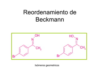 Reordenamiento de
         Beckmann

           OH                     HO
       N                               N

           CH3                             CH3

Br                           Br

           Isómeros geometricos
 