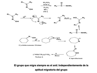 R1        R2              H2SO4                O
                      C                   SOCl2
                                                   R2          C    NHR1
                      N                   P2O5
                          OH                 BF3
                                          PPA
R1        R2
                                                               R2
     C                         R1       R2
                  H                                                           HO       R2
                                                                   H2O
     N
                                                           N
         OH                         N
                                        OH2        R1                              N
                                                                              R1


                                                                               O

                                                                         R2    C       NHR1

                          N
                               OH                  N
                                                        OH2
                                H
                                                                                   N

               Cyclohexanone Oxime

                                                                              O


                                                                              NH
                               [ NH(CH2)5CO]n
                                                       Base
                                Nylon 6
                                                                         Caprolactam




         El grupo que migra siempre es el anti. Independientemente de la
                                aptitud migratoria del grupo
 