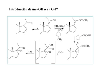 Introducción de un –OH  en C-17


                            OH              OCOCH3
              O
                               (CH3CO)2O
                                  SO3H

                                                 COOOH
                                 CH3
                                           Cl
                          OH
                                                OCOCH3
         O                 OH
       OH  -H2O          OH        H3O+    O
 