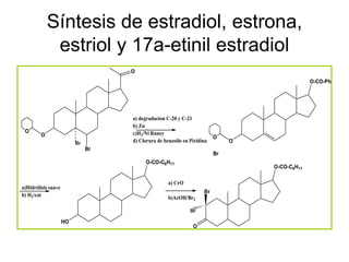 Síntesis de estradiol, estrona,
              estriol y 17a-etinil estradiol
                                    O
                                                                                               O-CO-Ph




                                    a) degradacion C-20 y C-21
                                    b) Zn
 O                                  c)H2/Ni Raney
         O                                                               O
                          Br        d) Cloruro de benzoilo en Piridina        O
                               Br
                                                                         Br
                                         O-CO-C6H11
                                                                                  O-CO-C6H11

                                                    a) CrO
a)Hidrólisis suave
                                                                    Br
b) H2/cat
                                                    b)AcOH/Br2

                                                              Br
                     HO
                                                               O
 