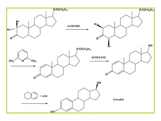 O-CO-C6H11                                             O-CO-C6H11



         Br
                                                               Br
                                            AcOH/HBr
Br


     O                                                          O

                                                                         Br                     OH
                                                 O-CO-C6H11


                                                              KOH/EtOH
 CH3          N   CH3



                                                                     O
                   O
                                                                OH



                        + calor
                                                                              Estradiol



                                  HO
 