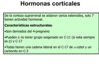 Hormonas corticales
De la corteza suprarrenal se aislaron varios esteroides, solo 7
tienen actividad hormonal.
Características estructurales:
•Son derivados del 4-pregneno
•Pueden o no tener grupo oxigenado en C-11 (si esta siempre
es ) y C-17
•Todas tienen una cadena lateral en el C-17 de -cetol y un
carbonilo en C-3
 