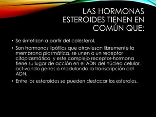 LAS HORMONAS 
ESTEROIDES TIENEN EN 
COMÚN QUE: 
• Se sintetizan a partir del colesterol. 
• Son hormonas lipófilas que atraviesan libremente la 
membrana plasmática, se unen a un receptor 
citoplasmático, y este complejo receptor-hormona 
tiene su lugar de acción en el ADN del núcleo celular, 
activando genes o modulando la transcripción del 
ADN. 
• Entre los esteroides se pueden destacar los esteroles. 
 