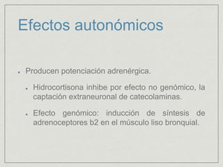 Efectos autonómicos
Producen potenciación adrenérgica.
Hidrocortisona inhibe por efecto no genómico, la
captación extraneuronal de catecolaminas.
Efecto genómico: inducción de síntesis de
adrenoceptores b2 en el músculo liso bronquial.
 