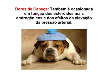Dores de Cabeça :   Também é ocasionada em função dos esteróides mais androgênicos e dos efeitos da elevação da pressão arterial. 