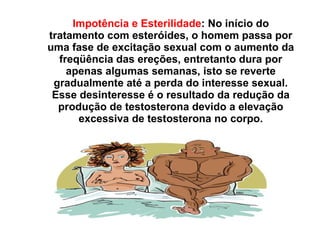 Impotência e Esterilidade :   No início do tratamento com esteróides, o homem passa por uma fase de excitação sexual com o aumento da freqüência das ereções, entretanto dura por apenas algumas semanas, isto se reverte gradualmente até a perda do interesse sexual. Esse desinteresse é o resultado da redução da produção de testosterona devido a elevação excessiva de testosterona no corpo. 