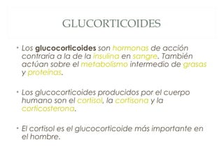 GLUCORTICOIDES
• Los glucocorticoides son hormonas de acción
contraria a la de la insulina en sangre. También
actúan sobre el metabolismo intermedio de grasas
y proteínas.
• Los glucocorticoides producidos por el cuerpo
humano son el cortisol, la cortisona y la
corticosterona.
• El cortisol es el glucocorticoide más importante en
el hombre.
 