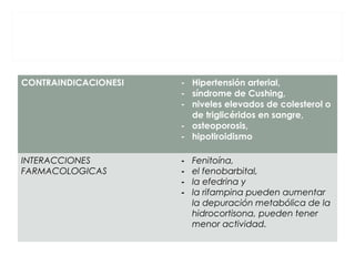 CONTRAINDICACIONESI - Hipertensión arterial,
- síndrome de Cushing,
- niveles elevados de colesterol o
de triglicéridos en sangre,
- osteoporosis,
- hipotiroidismo
INTERACCIONES
FARMACOLOGICAS
- Fenitoína,
- el fenobarbital,
- la efedrina y
- la rifampina pueden aumentar
la depuración metabólica de la
hidrocortisona, pueden tener
menor actividad.
 