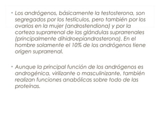 • Los andrógenos, básicamente la testosterona, son
segregados por los testículos, pero también por los
ovarios en la mujer (androstendiona) y por la
corteza suprarrenal de las glándulas suprarrenales
(principalmente dihidroepiandrosterona). En el
hombre solamente el 10% de los andrógenos tiene
origen suprarrenal.
• Aunque la principal función de los andrógenos es
androgénica, virilizante o masculinizante, también
realizan funciones anabólicas sobre todo de las
proteínas.
 