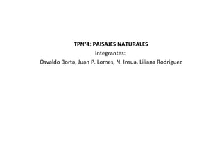 TPN°4: PAISAJES NATURALES
Integrantes:
Osvaldo Borta, Juan P. Lomes, N. Insua, Liliana Rodriguez
 