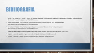 BIBLIOGRAFIA
• Alonso, C. M.; Gallego, D. J.; Honey, P. (2002). Los estilos de aprendizaje: procedimientos de diagnóstico y mejora. Madrid: mensajero. Disponibilizado em
https://aulaberta.uab.pt/mod/page/view.php?id=865#resources.
• Barros, Daniela Melané Vieira. “Estilos de aprendizagem“ Apresentação em PowerPoint; 2011. Disponibilizado em
https://aulaberta.uab.pt/mod/page/view.php?id=865#resources.
• Barros, Daniela Melané Vieira. “Estilos de aprendizagem na actualidade” E-book, volume 1. Disponibilizado em
https://aulaberta.uab.pt/mod/page/view.php?id=865#resources.
• Imagem de capa e imagem nº2 encontradas em: https://www.Pinterest.Com/pin/719801952912812184/?Lp=true, a 05.12.2018.
• Esquema 1 elaborado a partir da imagem encontrada em https://pt.slideshare.net/tote82/modelo-kolb.
• Esquema 2 elaborado a partir do esquema encontrado em https://slideplayer.es/slide/10428118/.
 