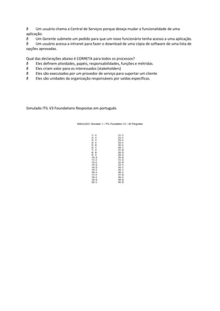 ð     Um usuário chama a Central de Serviços porque deseja mudar a funcionalidade de uma
aplicação.
ð     Um Gerente submete um pedido para que um novo funcionário tenha acesso a uma aplicação.
ð     Um usuário acessa a intranet para fazer o download de uma cópia de software de uma lista de
opções aprovadas.

Qual das declarações abaixo é CORRETA para todos os processos?
ð    Eles definem atividades, papéis, responsabilidades, funções e métridas.
ð    Eles criam valor para os interessados (stakeholders)
ð    Eles são executados por um provedor de serviço para suportar um cliente
ð    Eles são unidades da organização responsáveis por saídas específicas.




Simulado ITIL V3 Foundations Respostas em português
 