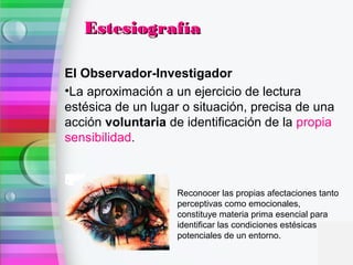 El Observador-Investigador
•La aproximación a un ejercicio de lectura
estésica de un lugar o situación, precisa de una
acción voluntaria de identificación de la propia
sensibilidad.
EstesiografíaEstesiografía
Reconocer las propias afectaciones tanto
perceptivas como emocionales,
constituye materia prima esencial para
identificar las condiciones estésicas
potenciales de un entorno.
 