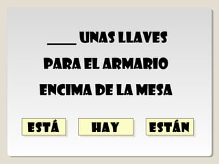 hay
  hay unas llaves
 _____
 para el armario
 encima de la mesa

está
está           están
               están
 
