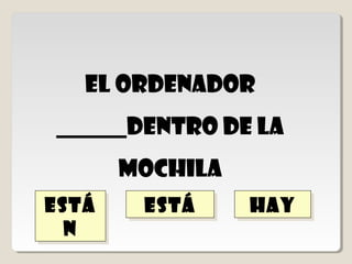 El ordenador
 está
 está
______dentro de la
        mochila
está
está              hay
                  hay
  n
  n
 