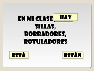 La profesora ______
 Al lado de la puerta


está
está   están
       están    hay
                hay
 