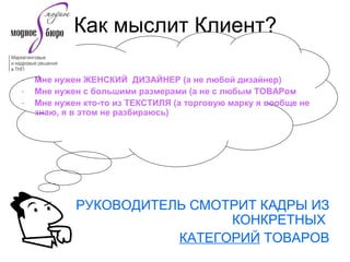 Как мыслит Клиент?
- Мне нужен ЖЕНСКИЙ ДИЗАЙНЕР (а не любой дизайнер)
- Мне нужен с большими размерами (а не с любым ТОВАРом
- Мне нужен кто-то из ТЕКСТИЛЯ (а торговую марку я вообще не
знаю, я в этом не разбираюсь)
РУКОВОДИТЕЛЬ СМОТРИТ КАДРЫ ИЗ
КОНКРЕТНЫХ
КАТЕГОРИЙ ТОВАРОВ
 