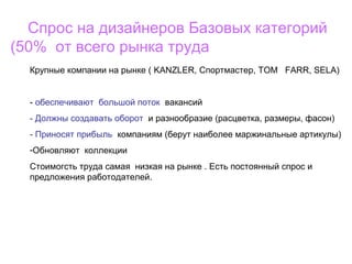 Спрос на дизайнеров Базовых категорий
(50% от всего рынка труда
Крупные компании на рынке ( KANZLER, Спортмастер, TOM FARR, SELA)
- обеспечивают большой поток вакансий
- Должны создавать оборот и разнообразие (расцветка, размеры, фасон)
- Приносят прибыль компаниям (берут наиболее маржинальные артикулы)
-Обновляют коллекции
Стоимогсть труда самая низкая на рынке . Есть постоянный спрос и
предложения работодателей.
 