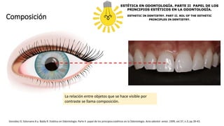 Composición
La relación entre objetos que se hace visible por
contraste se llama composición.
González O; Solorzano A y Balda R. Estética en Odontología: Parte II. papel de los principios estéticos en la Odontología. Acta odontol. venez. 1999, vol.37, n.3, pp.39-43.
 