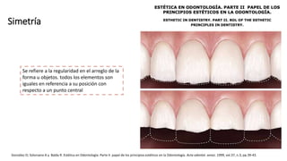 Simetría
González O; Solorzano A y Balda R. Estética en Odontología: Parte II. papel de los principios estéticos en la Odontología. Acta odontol. venez. 1999, vol.37, n.3, pp.39-43.
Se refiere a la regularidad en el arreglo de la
forma u objetos. todos los elementos son
iguales en referencia a su posición con
respecto a un punto central
 