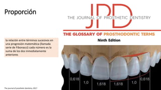 Proporción
la relación entre términos sucesivos en
una progresión matemática (llamada
serie de Fibonacci) cada número es la
suma de los dos inmediatamente
anteriores
The journal of prosthetic dentistry. 2017
 
