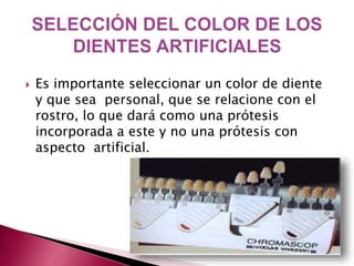  Es importante seleccionar un color de diente 
y que sea personal, que se relacione con el 
rostro, lo que dará como una prótesis 
incorporada a este y no una prótesis con 
aspecto artificial. 
 