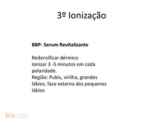 3º Ionização
BBP- Serum Revitalizante
Redensificar dérmico
Ionizar 3 -5 minutos em cada
polaridade.
Região: Pubis, virilha, grandes
lábios, face externa dos pequenos
lábios
 