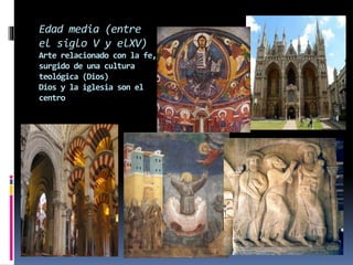 Edad media (entre
el siglo V y elXV)
Arte relacionado con la fe,
surgido de una cultura
teológica (Dios)
Dios y la iglesia son el
centro
 