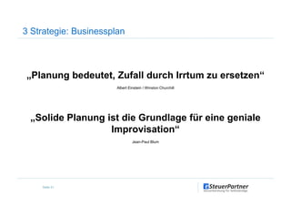 „Planung bedeutet, Zufall durch Irrtum zu ersetzen“
Albert Einstein / Winston Churchill
3 Strategie: Businessplan
„Solide Planung ist die Grundlage für eine geniale
Improvisation“
Jean-Paul Blum
Seite 21
 