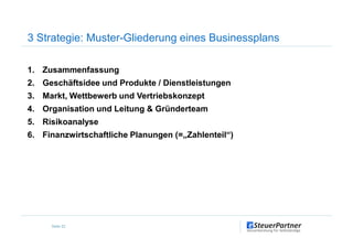 1. Zusammenfassung
2. Geschäftsidee und Produkte / Dienstleistungen
3. Markt, Wettbewerb und Vertriebskonzept
4. Organisation und Leitung & Gründerteam
5. Risikoanalyse
3 Strategie: Muster-Gliederung eines Businessplans
5. Risikoanalyse
6. Finanzwirtschaftliche Planungen (=„Zahlenteil“)
Seite 22
 
