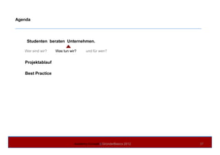 Agenda
Studenten beraten Unternehmen.
Wer sind wir? Was tun wir? und für wen?
Projektablauf
Best Practice
Academy Consult || GründerBasics 2012 37
 
