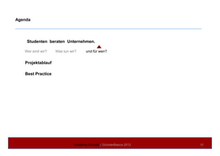 Agenda
Studenten beraten Unternehmen.
Wer sind wir? Was tun wir? und für wen?
Projektablauf
Best Practice
Academy Consult || GründerBasics 2012 39
 