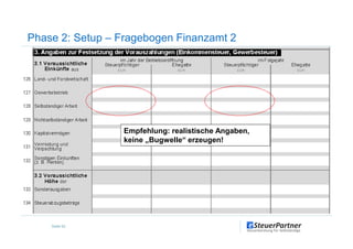 Phase 2: Setup – Fragebogen Finanzamt 2
Seite 52
Empfehlung: realistische Angaben,
keine „Bugwelle“ erzeugen!
 