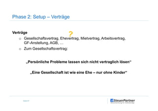 Phase 2: Setup – Verträge
Verträge
o Gesellschaftsvertrag, Ehevertrag, Mietvertrag, Arbeitsvertrag,
GF-Anstellung, AGB, …
o Zum Gesellschaftsvertrag:
Seite 67
„Persönliche Probleme lassen sich nicht vertraglich lösen“
„Eine Gesellschaft ist wie eine Ehe – nur ohne Kinder“
 